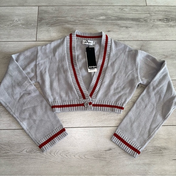 NWT Ahiri Gemma Grey Y-Neck Cropped Cardigan Sweater Women's X-Small XS - Picture 1 of 10